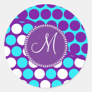 Custom Monogram Initial Teal Purple Polka Dots Classic Round Sticker