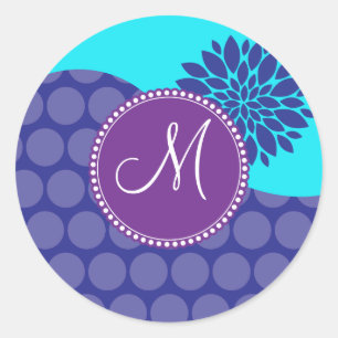 Custom Monogram Initial Teal Purple Polka Dots Classic Round Sticker