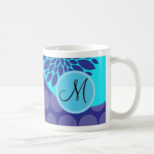 Custom Monogram Initial Teal Purple Polka Dots Coffee Mug (Right)