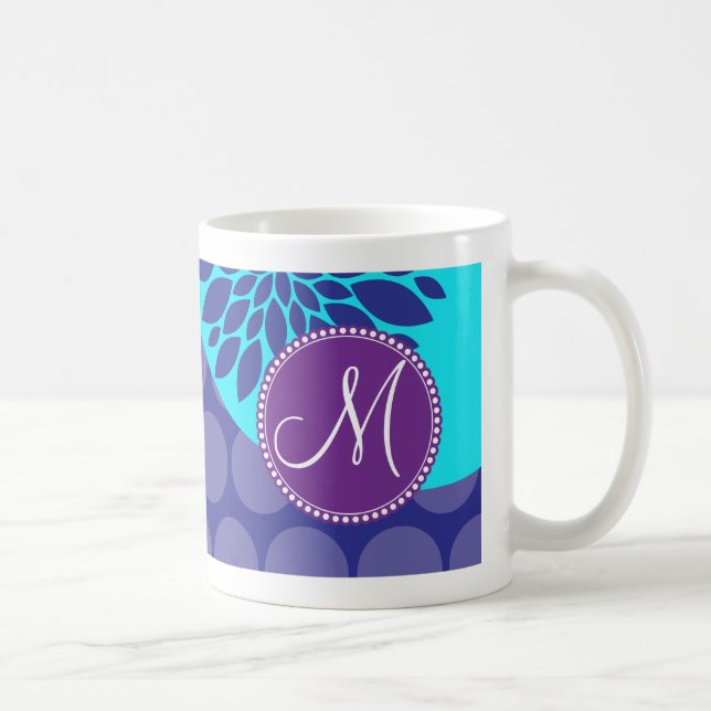 Custom Monogram Initial Teal Purple Polka Dots Coffee Mug (Right)