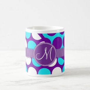 Custom Monogram Initial Teal Purple Polka Dots Coffee Mug