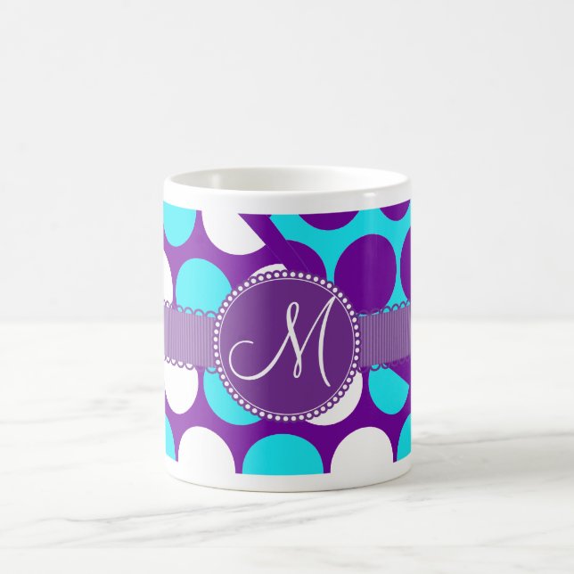 Custom Monogram Initial Teal Purple Polka Dots Coffee Mug (Center)