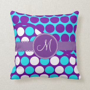 Custom Monogram Initial Teal Purple Polka Dots Cushion