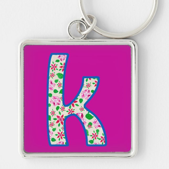 Custom Monogram K Keychain, Pink Floral Pattern Key Ring (Front)