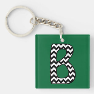 Custom Monogram Keychain: B: Black, White Chevrons Key Ring