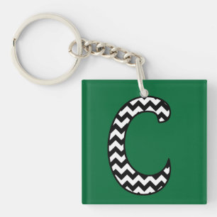 Custom Monogram Keychain: C: Black, White Chevrons Key Ring