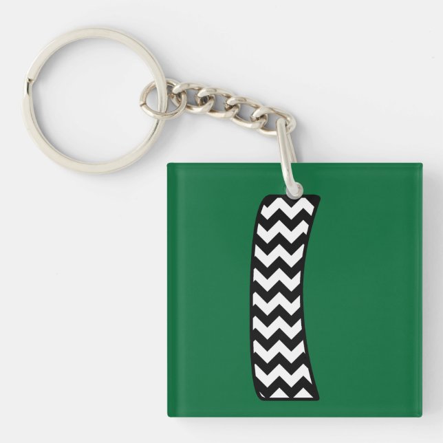 Custom Monogram Keychain: I: Black, White Chevrons Key Ring (Front)