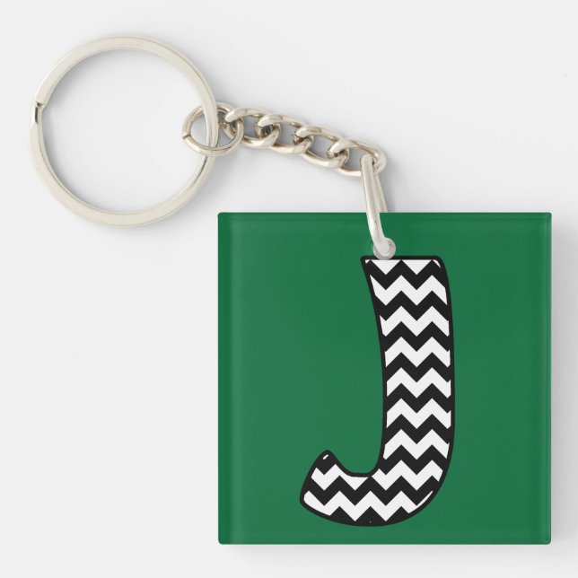 Custom Monogram Keychain: J: Black, White Chevrons Key Ring (Front)