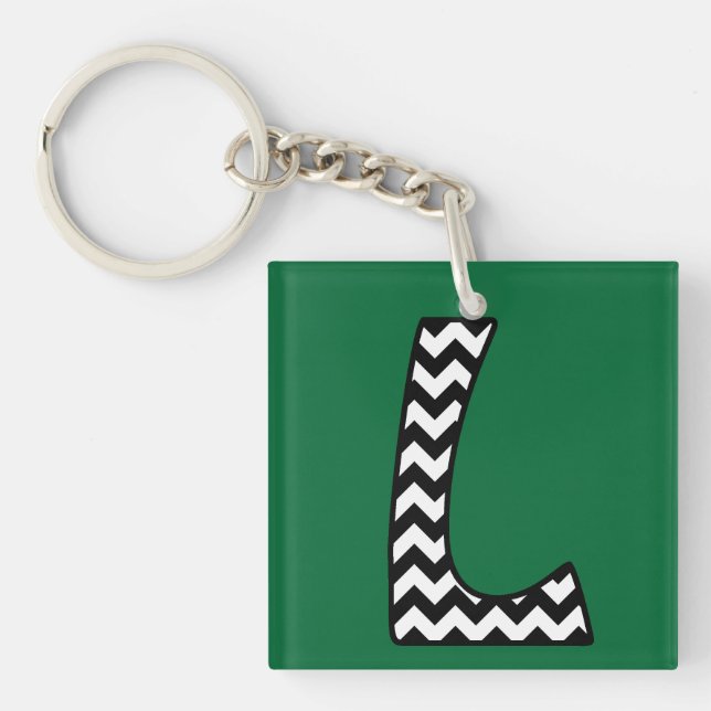 Custom Monogram Keychain: L: Black, White Chevrons Key Ring (Front)