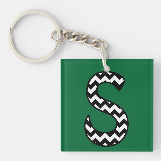 Custom Monogram Keychain: S: Black, White Chevrons Key Ring (Front)