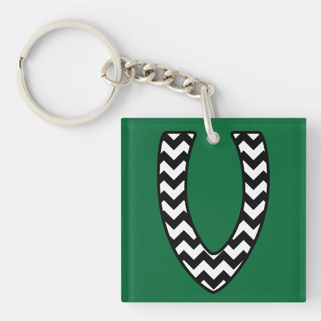 Custom Monogram Keychain: V: Black, White Chevrons Key Ring (Front)