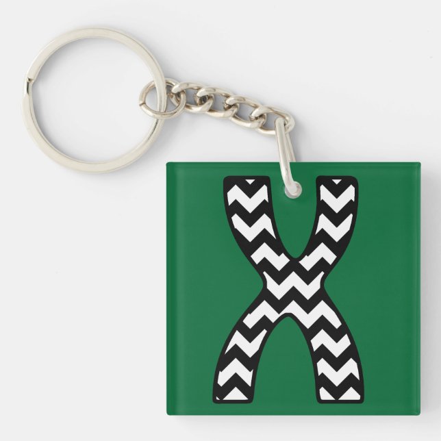 Custom Monogram Keychain: X: Black, White Chevrons Key Ring (Front)
