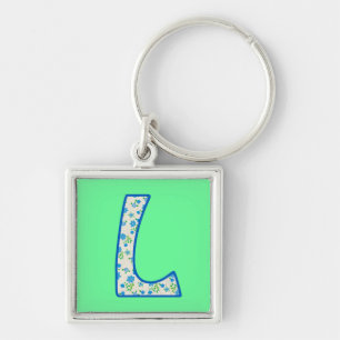 Custom Monogram L Keychain, Blue Floral Pattern Key Ring