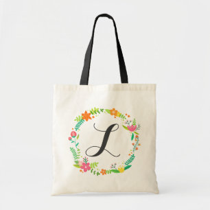 Custom Monogram Leaves And Spring Flowers Wreath Tote Bag