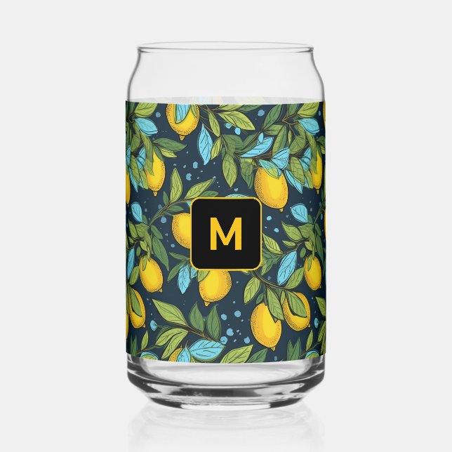 Custom Monogram Lemon Pattern Can Glass (Front)