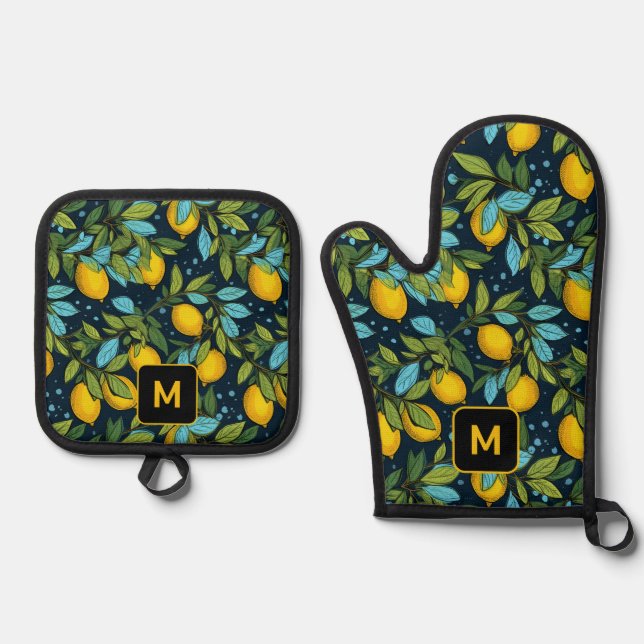 Custom Monogram Lemon Pattern Oven Mitt & Pot Holder Set (Front)