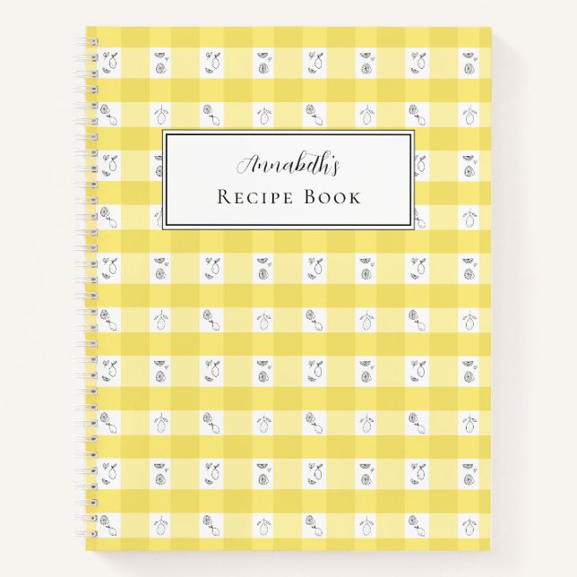 Custom Monogram Lemon Plaid Recipe Book (Front)