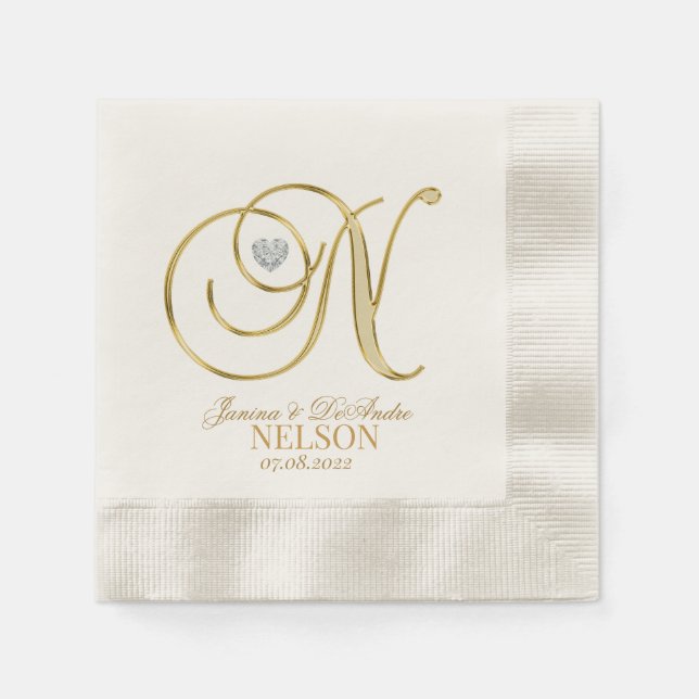 Custom Monogram Letter N Gold Heart Wedding Napkin (Front)
