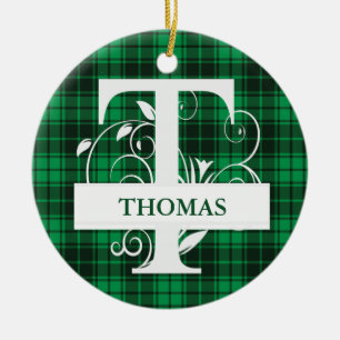 Custom Monogram Letter T Green Plaid Background Ceramic Ornament
