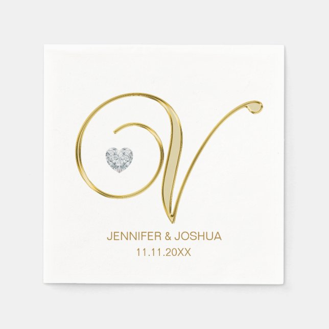 Custom Monogram Letter V Gold Heart Wedding Napkin (Front)