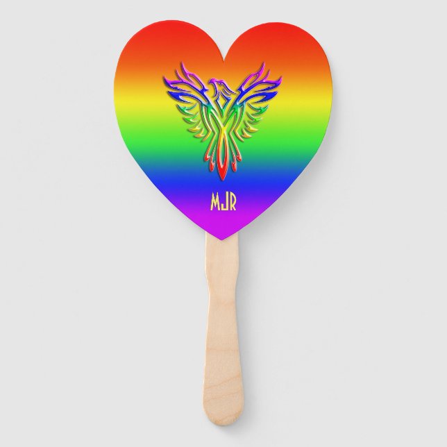 Custom monogram, LGBT Rainbow Pride Phoenix Rising Hand Fan (Front)