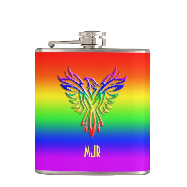 Custom monogram, LGBT Rainbow Pride Phoenix Rising Hip Flask (Front)