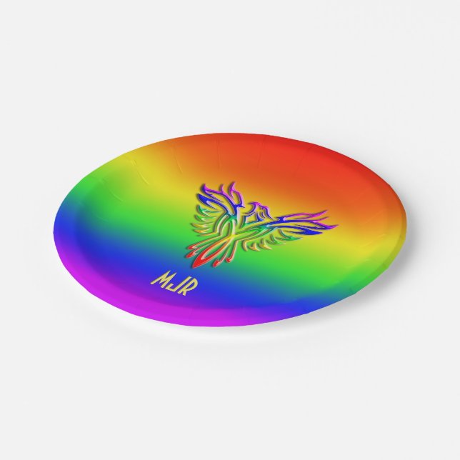 Custom monogram, LGBT Rainbow Pride Phoenix Rising Paper Plate (Angled)