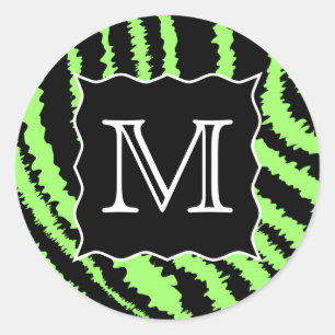 Custom Monogram Lime Green and Black Zebra Pattern Classic Round Sticker