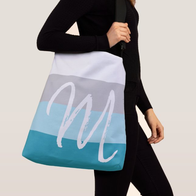 Custom Monogram M Striped Pattern Light Blue Grey Crossbody Bag (Close Up)