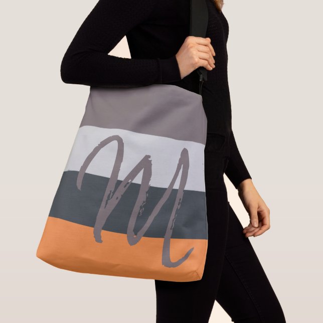 Custom Monogram M Striped Pattern Orange Grey Crossbody Bag (Close Up)
