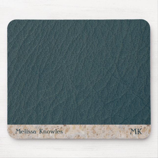 Custom Monogram Masculine Modern Teal Blue Leather Mouse Pad (Front)