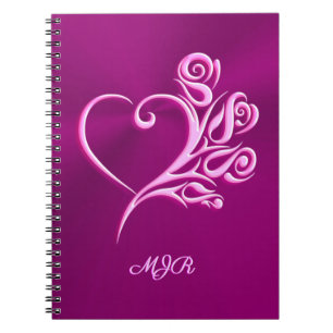Custom monogram, Mauve Stylized Heart and Roses Notebook