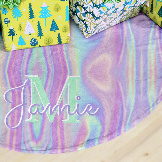 Custom Monogram Metallic Rainbow Iridescent Girly Brushed Polyester Tree Skirt (Creator Uploaded)