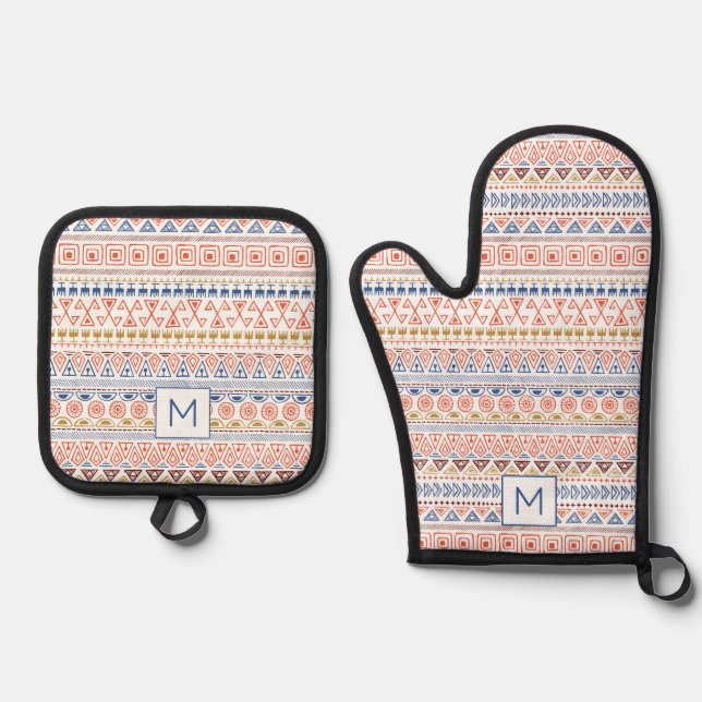Custom Monogram Mexican / Aztec Pattern Oven Mitt & Pot Holder Set (Front)