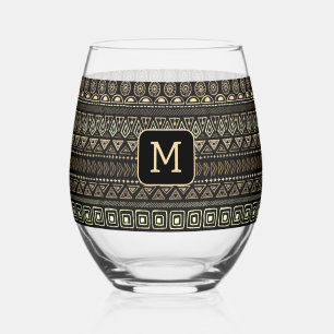 Custom Monogram Mexican / Aztec Pattern Stemless Wine Glass