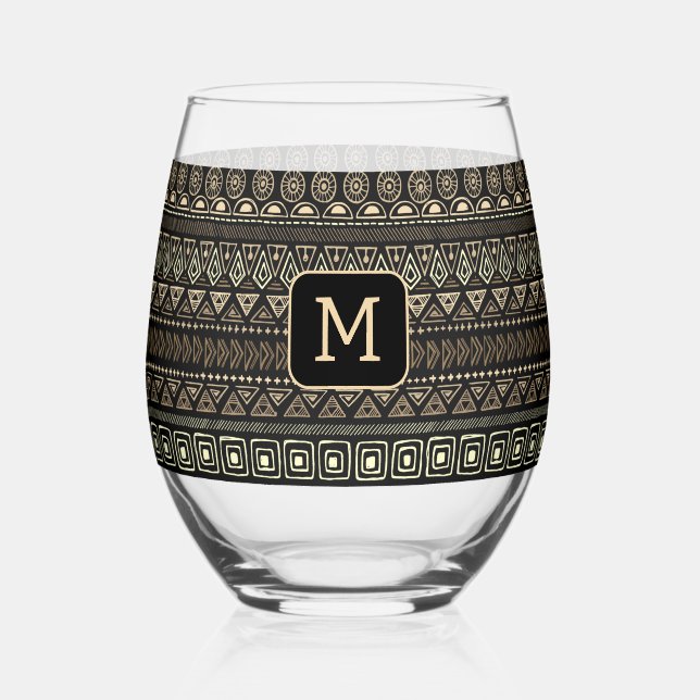 Custom Monogram Mexican / Aztec Pattern Stemless Wine Glass (Front)