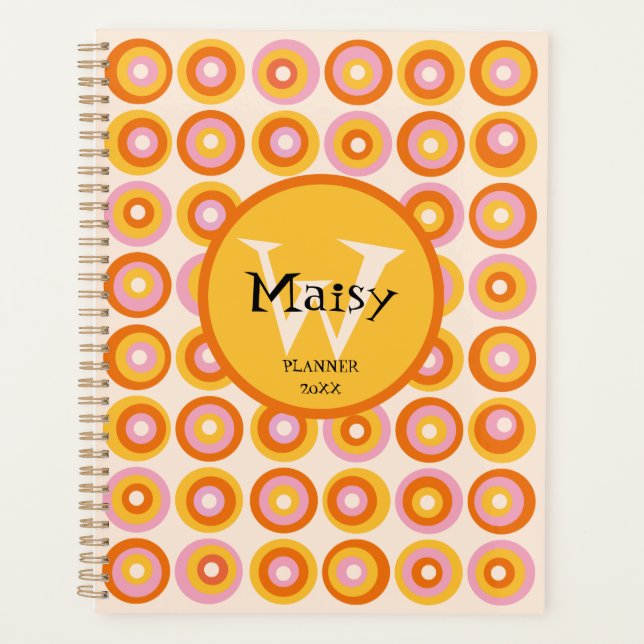 Custom Monogram Mid Century Retro Orange Circles Planner (Front)