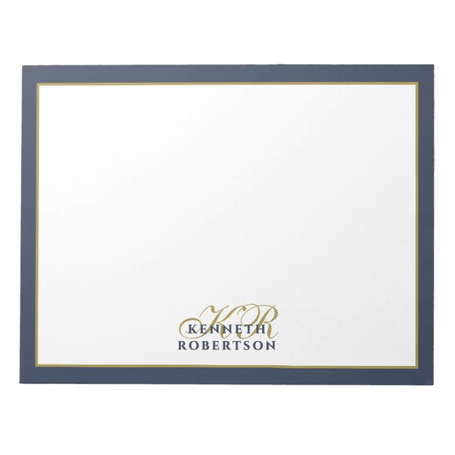 Custom Monogram Minimalist Navy Blue Gold Men Chic Notepad (Front)