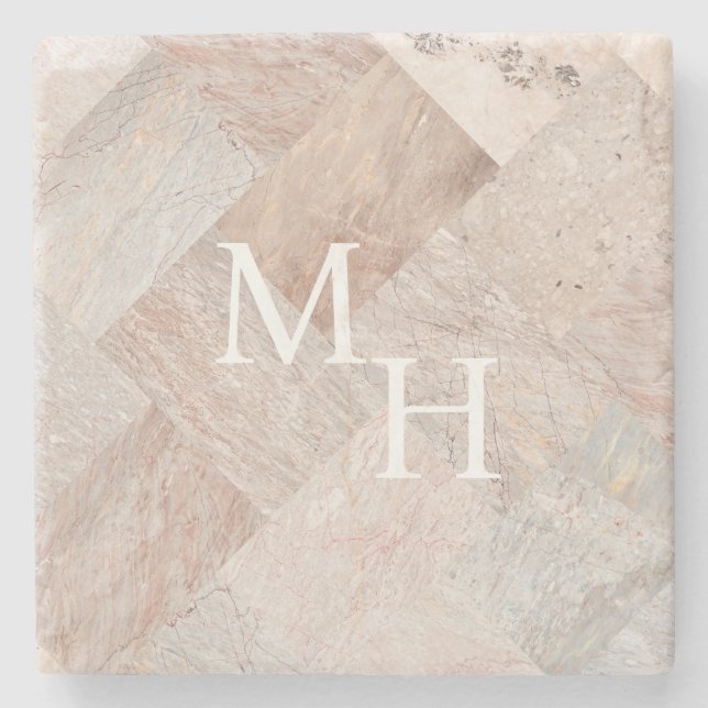  Custom Monogram Modern Abstract Elegant Beige Stone Coaster (Front)