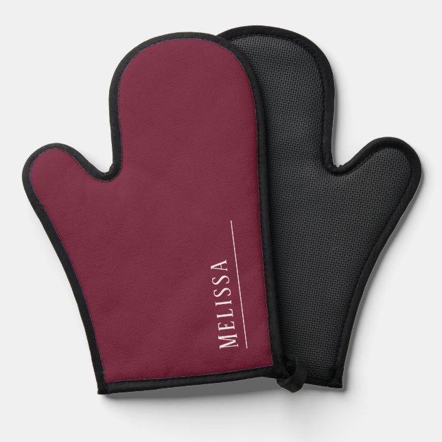 Custom monogram, modern burgundy oven mitt (Front/Back)