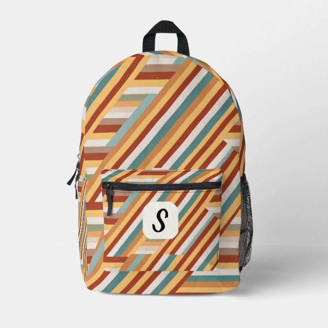 Custom Monogram Modern Retro 70s Geometric  Printed Backpack (Front)