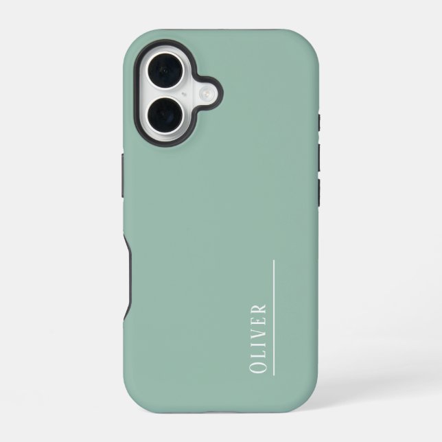 Custom monogram, modern sage green  iPhone 16 case (Back)