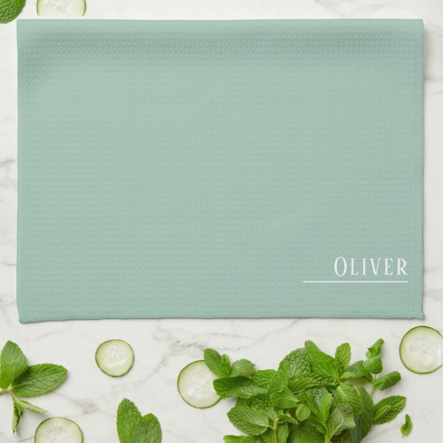 Custom monogram, modern sage green tea towel (Folded)