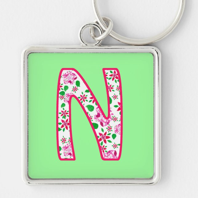 Custom Monogram N Keychain, Ditsy Floral Pattern Key Ring (Front)