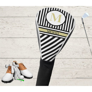 Custom Monogram Name Black Gold Stripes Golf Head Cover