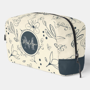 Custom Monogram Name Charcoal Cream Floral Pattern Dopp Kit