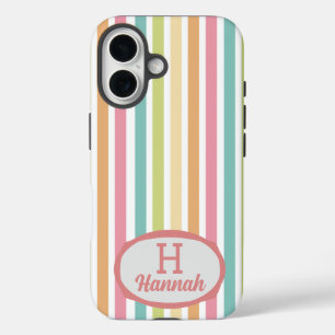 Custom Monogram Name Cheerful Pastel Stripes iPhone 16 Case
