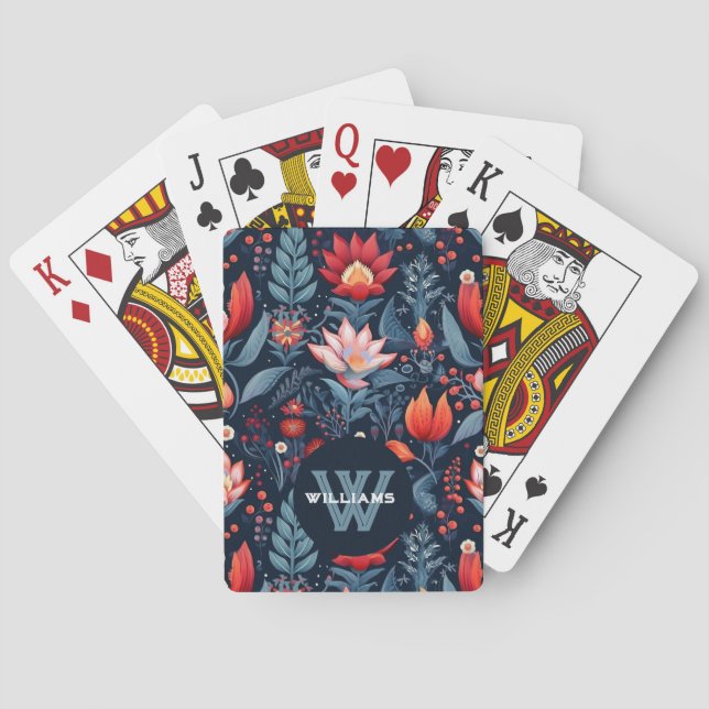 Custom Monogram Name Dark Floral Pattern  Playing Cards (Back)