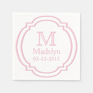 Custom Monogram Name Date White Pastel Pink Frame Napkin
