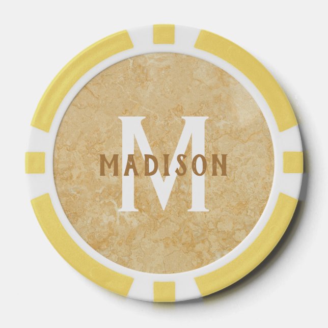 Custom monogram & name Faux Gold Marble Poker Chips (Front)
